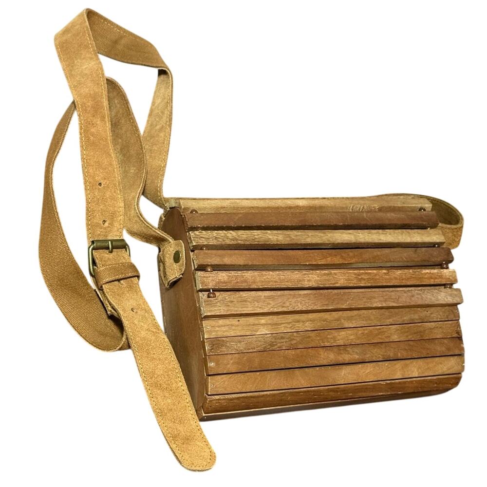 Vintage Handmade Wood Slat Box Purse Crossbody Shoulder Bag Suede Strap